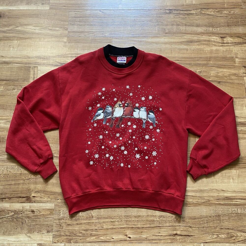VTG Daybreak Jerzees Women's L Red Cardinal Birds Crewneck Sweatshirt USA Granny